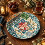Ramadan Decorative Charger Plate – Iznik Mosaic Star Tile full-print plastic serving tray shown in a styled room scene.