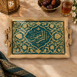 Teal and cream tray with gold trim featuring a lobed Arabic calligraphy panel and floral vines