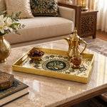 Ramadan & Eid al-Fitr Plastic Serving Tray – Rosette Calligraphy Ring plastic serving tray shown in a rectangular styled scene.
