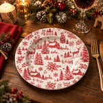 Christmas Decorative Charger Plate – Winter Village Toile full-print plastic serving tray shown in a styled room scene.