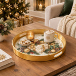 Christmas Decorative Serving Tray – Gilded Gift Stack plastic serving tray shown in a round styled scene.