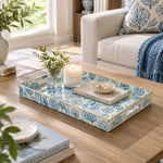 Ocean Decorative Plastic Serving Tray – Indigo Shell Medley full-print plastic serving tray shown in a styled room scene.