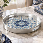 Ramadan & Eid al-Fitr Plastic Serving Tray – Cobalt Pearl Rosette plastic serving tray shown in a round product view.