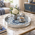 Ramadan & Eid al-Fitr Plastic Serving Tray – Cobalt Pearl Rosette plastic serving tray shown in a round styled scene.