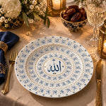 Ramadan Decorative Charger Plate – Nested Cartouche Bands full-print plastic serving tray shown in a styled room scene.