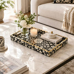 Ramadan Decorative Plastic Serving Tray – Black White Blossom Rosette full-print plastic serving tray shown in a styled room scene.