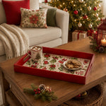 Poinsettia Stocking Stripe Christmas Plastic Serving Tray, Red Rim - MintiHome