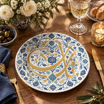 Ramadan Decorative Charger Plate – Iznik Tulip Rosette full-print plastic serving tray shown in a styled room scene.