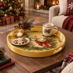 Christmas Decorative Serving Tray – Christmas Lamb And Bow plastic serving tray shown in a round styled scene.