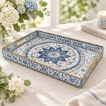 Ramadan Decorative Plastic Serving Tray – Porcelain Mandala Border full-print plastic serving tray shown in a product view.