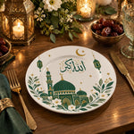 Ramadan Decorative Charger Plate – Green Mosque Crescent full-print plastic serving tray shown in a styled room scene.