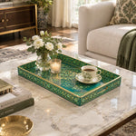 Ramadan Decorative Plastic Serving Tray – Mandala Cartouche Border full-print plastic serving tray shown in a styled room scene.
