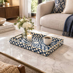 Ramadan Decorative Plastic Serving Tray – Navy Ogee Starburst full-print plastic serving tray shown in a styled room scene.