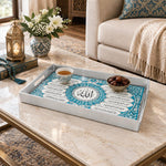 Ramadan & Eid al-Fitr Plastic Serving Tray – Arched Calligraphy Rows plastic serving tray shown in a rectangular styled scene.