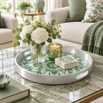 Ramadan & Eid al-Fitr Plastic Serving Tray – Verdant Fan Mandala plastic serving tray shown in a round styled scene.