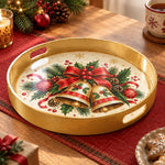 Christmas Decorative Serving Tray – Ribboned Sleigh Bells plastic serving tray shown in a round product view.