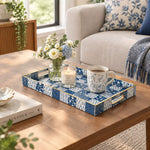 Daily Decorative Plastic Serving Tray – Indigo Sprig Patchwork full-print plastic serving tray shown in a styled room scene.
