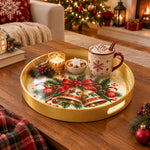 Christmas Decorative Serving Tray – Ribboned Sleigh Bells plastic serving tray shown in a round styled scene.