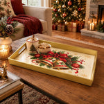 Christmas Decorative Serving Tray – Ribboned Sleigh Bells plastic serving tray shown in a rectangular styled scene.