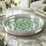 Ramadan & Eid al-Fitr Plastic Serving Tray – Verdant Fan Mandala plastic serving tray shown in a round product view.