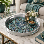 Ramadan & Eid al-Fitr Plastic Serving Tray – Allover Arabesque Vine plastic serving tray shown in a round styled scene.