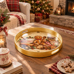 Christmas Decorative Serving Tray – Gingerbread Bakery plastic serving tray shown in a round styled scene.