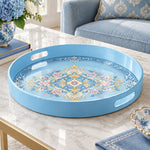 Ramadan & Eid al-Fitr Plastic Serving Tray – Light Blue Floral Scroll plastic serving tray shown in a round product view.