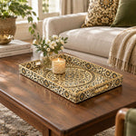 Ramadan Decorative Plastic Serving Tray – Gold Star Lattice full-print plastic serving tray shown in a styled room scene.