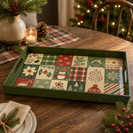 Green Christmas Patchwork Tray with Penguin, Poinsettia and Plaid - MintiHome