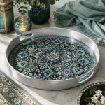 Ramadan & Eid al-Fitr Plastic Serving Tray – Allover Arabesque Vine plastic serving tray shown in a round product view.