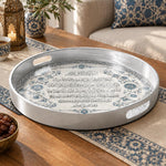 Ramadan & Eid al-Fitr Plastic Serving Tray – Manuscript Calligraphy plastic serving tray shown in a round product view.
