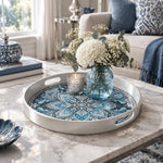 Ramadan & Eid al-Fitr Plastic Serving Tray – Indigo Paisley Mandala plastic serving tray shown in a round styled scene.