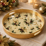 Gold Frame Poinsettia Holly Christmas Plastic Serving Tray - MintiHome
