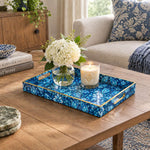 Ramadan Decorative Plastic Serving Tray – Indigo Paisley Medallion full-print plastic serving tray shown in a styled room scene.