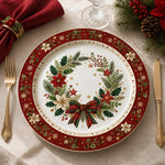 Red Poinsettia Holly Wreath Christmas Charger Plate with Bow - MintiHome