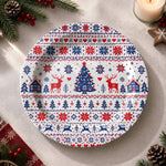 Christmas Decorative Charger Plate – Red Navy Christmas Tree full-print plastic serving tray shown in a product view.