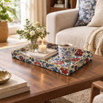 Ramadan Decorative Plastic Serving Tray β Crimson Persian Herb Bloom full-print plastic serving tray shown in a styled room scene.