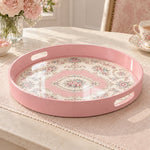 Ramadan & Eid al-Fitr Plastic Serving Tray – Pink Rose Medallion plastic serving tray shown in a round product view.