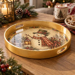 Christmas Decorative Serving Tray – Snowman Snowy Night plastic serving tray shown in a round product view.