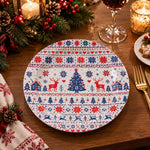 Christmas Decorative Charger Plate – Red Navy Christmas Tree full-print plastic serving tray shown in a styled room scene.