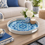 Ramadan & Eid al-Fitr Plastic Serving Tray – Blue Mosaic Mandala plastic serving tray shown in a round styled scene.