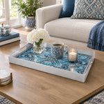 Ramadan & Eid al-Fitr Plastic Serving Tray – Indigo Paisley Mandala plastic serving tray shown in a rectangular styled scene.