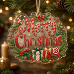 Clear scalloped Christmas acrylic hanging decor with Merry Christmas text, gifts, and pine branches hung on a tree.