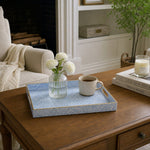 Blue Paisley Print Plastic Serving Tray – Full Print Border full-print plastic serving tray shown in a styled room scene.
