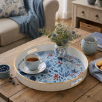 Blue Winter Botanical Plastic Serving Tray – Hydrangea plastic serving tray shown in a round styled scene.