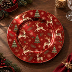 Christmas Decorative Charger Plate – Cream Reindeer Trees decorative charger plate on a styled table.