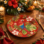 Daily Decorative Charger Plate – Scarlet Macaw on Red Ground decorative charger plate on a styled table.