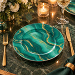 Daily Decorative Charger Plate – Green Marble Gold Sweep decorative charger plate on a styled table.