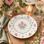 Daily Decorative Charger Plate – Sprig Wreath Pink Centre decorative charger plate on a styled table.