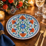 Daily Decorative Charger Plate – Blue Orange Folk Medallion decorative charger plate on a styled table.